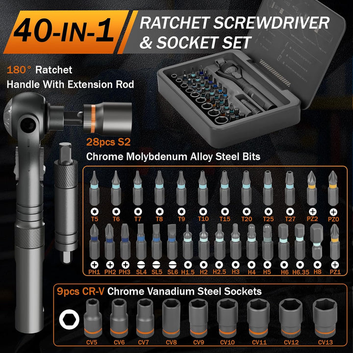 40-in-1 Ratschen Schraubendreher Set, Ratschenschraubendreher mit 28 S2 Stahl Bits &amp; 9 CRV Steckschl