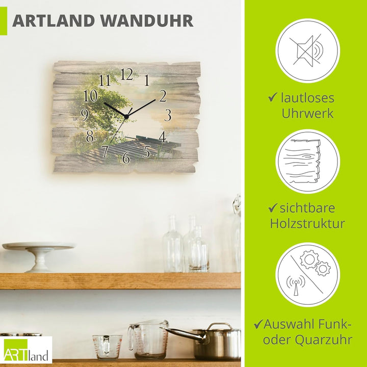 ARTLAND Wanduhr ohne Tickgeräusche aus Holz Quarzuhr 40x30 cm Rechteckig Lautlos Natur Landschaft Se