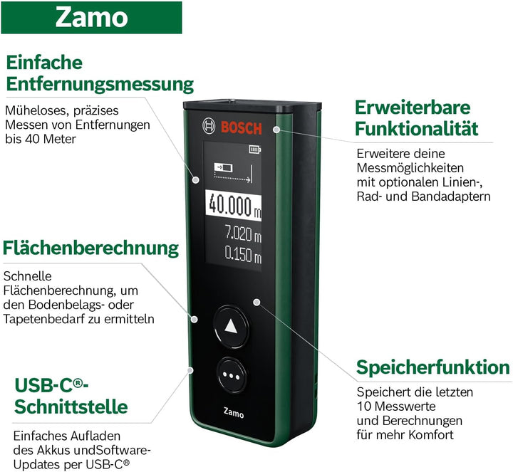 Bosch Zamo Laser‑Entfernungsmesser Set, 40 m Reichweite, USB‑C, speichert 10 Werte, inkl. Linien‑/Ra