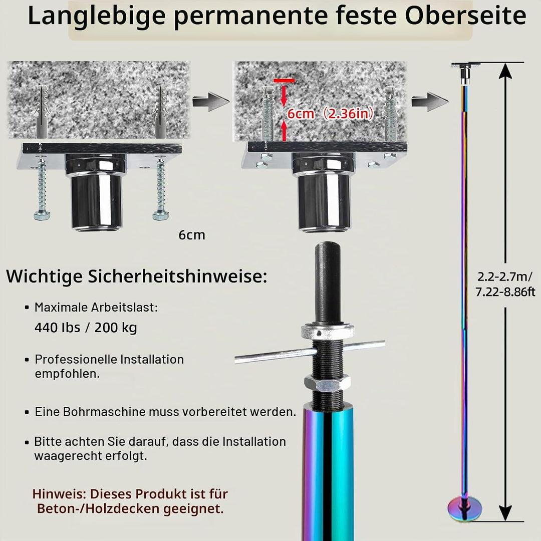 Fest-Tanzstange, CE-zert., 45 mm, höhenverst. 2,20–2,70 m | Fest Installiert, Tragfähigkeit 200KG, V