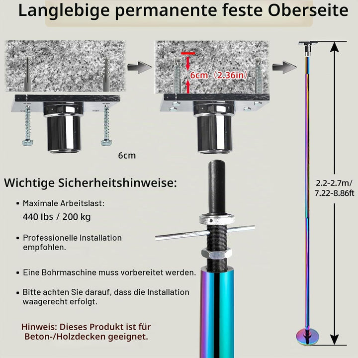 Fest-Tanzstange, CE-zert., 45 mm, höhenverst. 2,20–2,70 m | Fest Installiert, Tragfähigkeit 200KG, V