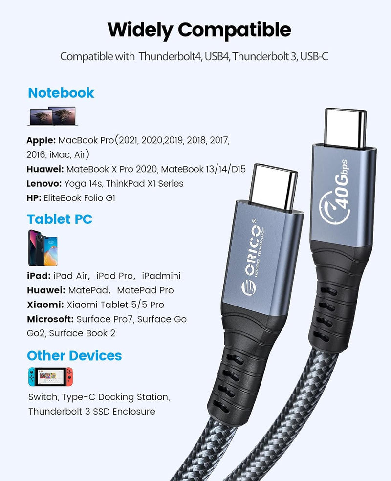 ORICO Kabel für Thunderbolt 4, Kompatibel mit Thunderbolt 3/USB4, Übertragungsrate 40Gbps, 8k@60Hz (