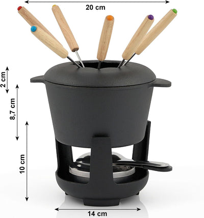 BBQ-Toro Gusseisen Fondue Set für 6 Personen | 1 Liter | Fondueset 13 teilig mit Brenner und Gabeln