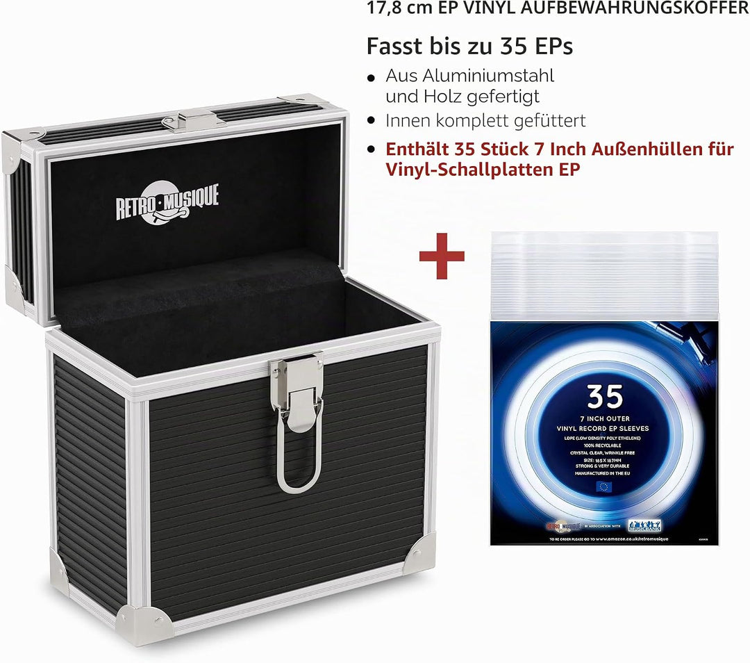 17,8 cm grosser Aluminiumkoffer für bis zu 35 EPs (in PVC-Taschen) und 35 Aussentaschen für Schallpl