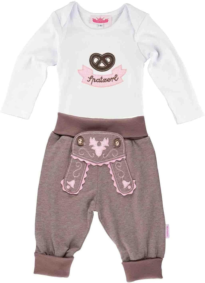Trachten Set für Mädchen bestehend aus Baby Body mit langem Arm Motiv "Brezel" mit Stickerei "Spatze