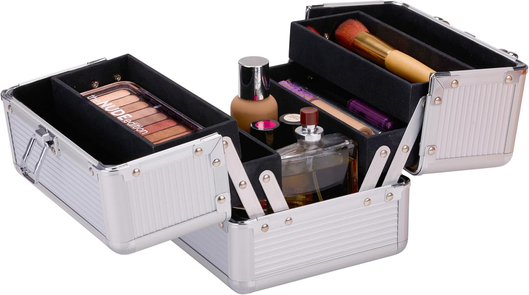 Make-up Koffer Silber - Kosmetik Organizer - mit Griff und Schlüsselschloss - 18 x 15 x 15 cm - Inne