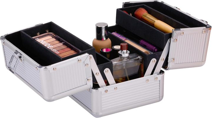 Make-up Koffer Silber - Kosmetik Organizer - mit Griff und Schlüsselschloss - 18 x 15 x 15 cm - Inne