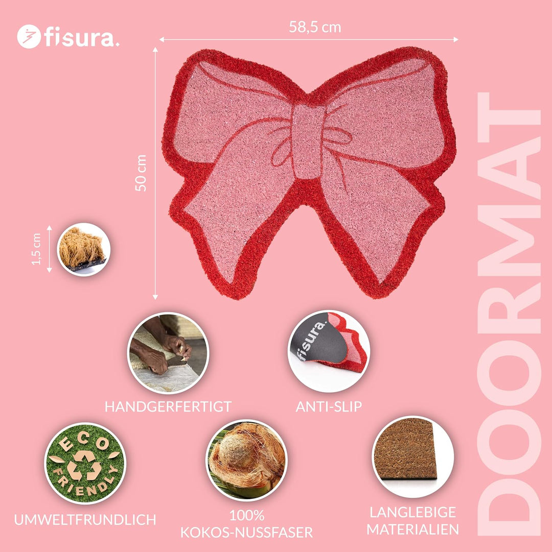 Fisura – Originelle Kokosfussmatte Rosa Schleife“ mit Rutschfester PVC-Unterseite. Rosa und rote Tür