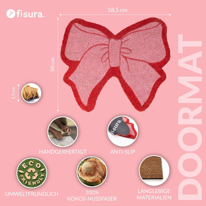 Fisura – Originelle Kokosfussmatte Rosa Schleife“ mit Rutschfester PVC-Unterseite. Rosa und rote Tür