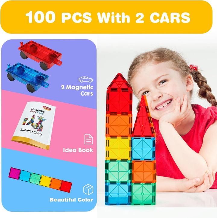 Gemmicc Magnetische Bausteine 100-teilig mit 2 Autos, STEM-zertifiziertes edukatives Magnetspielzeug