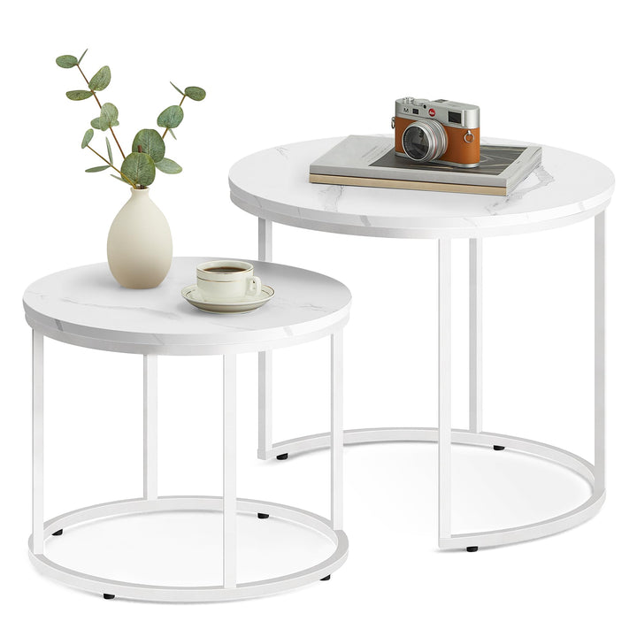 FORTENA 2er Set Couchtische, Schwarze oder goldene Metallbeine, Industrial-Stil, Raund (Marmor – Wei