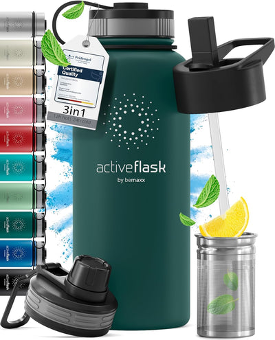 Trinkflasche Edelstahl ACTIVE FLASK + Strohhalm (3 Deckel) BPA-frei, Auslaufsicher, Kohlensäure geei