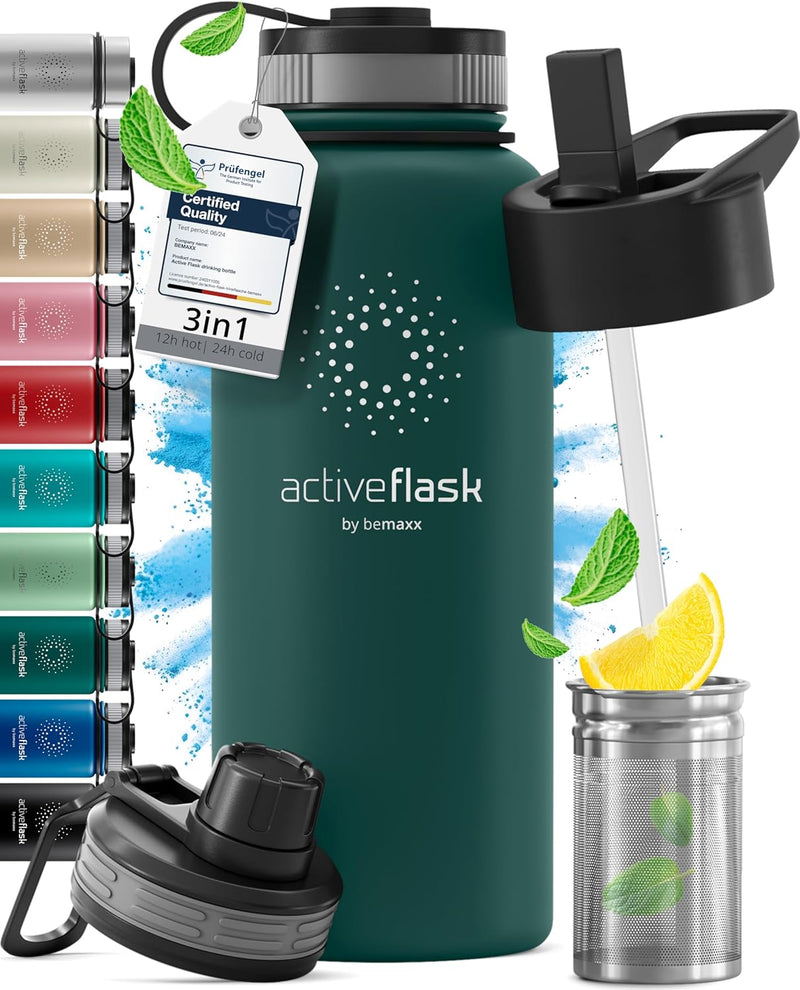 Trinkflasche Edelstahl ACTIVE FLASK + Strohhalm (3 Deckel) BPA-frei, Auslaufsicher, Kohlensäure geei