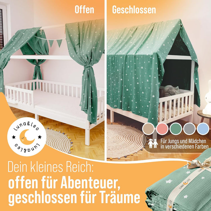 Luna & Leo Hausbett Himmel 3-TLG - mit Sternendruck [Bio Musselin Baumwolle] Handmade | Himmelbett V