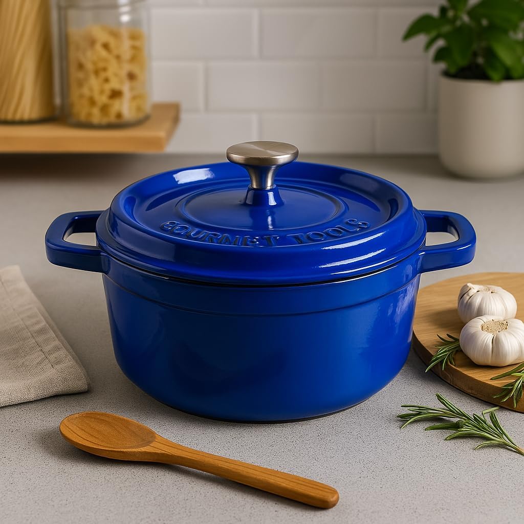 Runder Kochtopf aus Gusseisen mit glasierter Keramikbeschichtung, Cocotte mit Deckel. Gourmet Tools