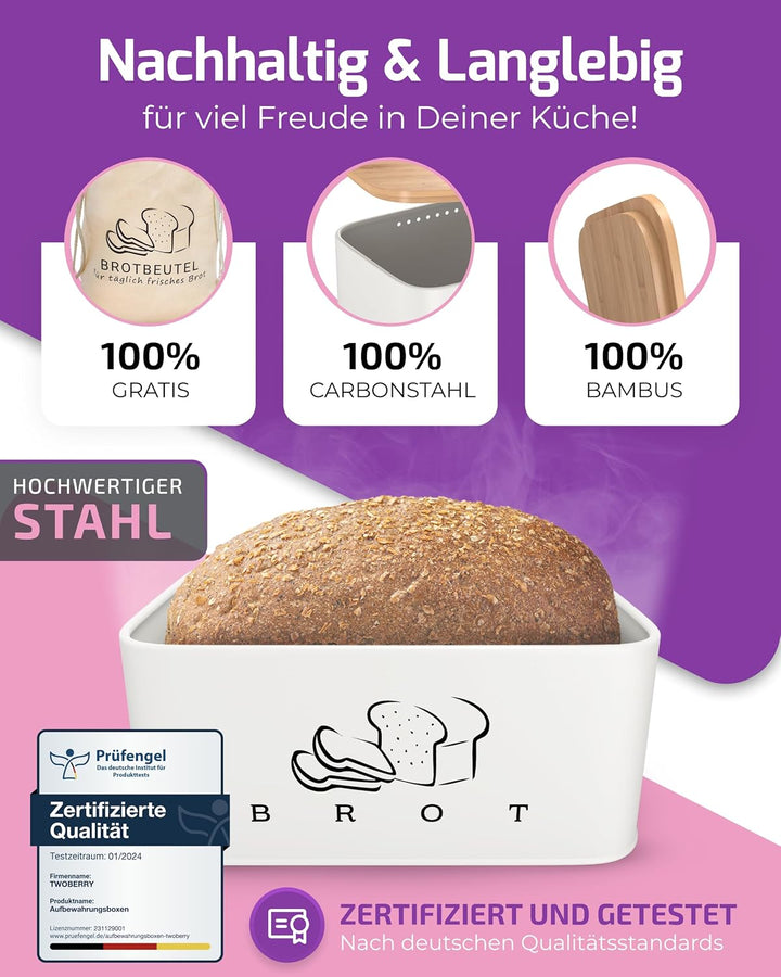 Brotkasten Weiss – Brotbox mit Bambusdeckel als Schneidebrett [2in1 Brotbehälter]- inklusive gratis