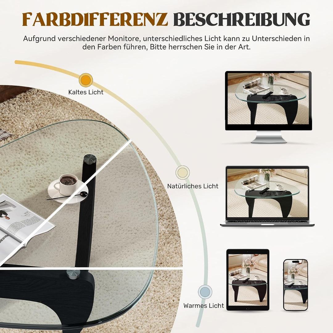 Dreieckiger Beistelltisch, Couchtisch Glas Transparent, Kleiner Wohnzimmertisch Minimalismus, MDF Ho