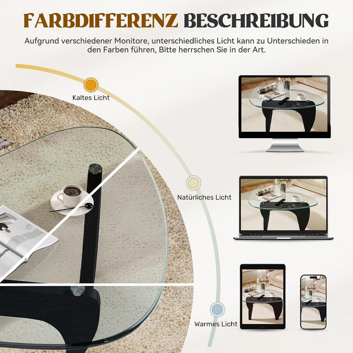 Dreieckiger Beistelltisch, Couchtisch Glas Transparent, Kleiner Wohnzimmertisch Minimalismus, MDF Ho