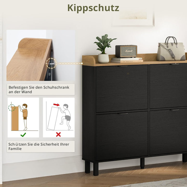 LUE BONA Schuhschrank schmal, Schuhschrank mit 4 Flip-Klappen, Schuhkipper mit Holzfüssen, Schuhrega