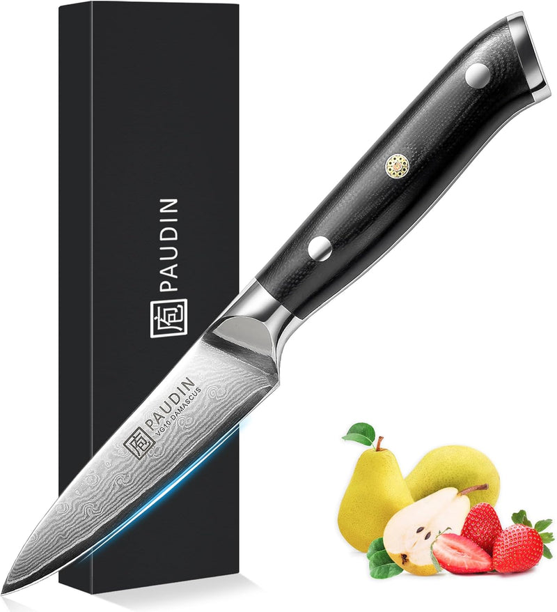 PAUDIN Damastmesser 9 cm – Gemüsemesser Schälmesser Obstmesser – VG10 Profi-Küchenmesser mit schwarz
