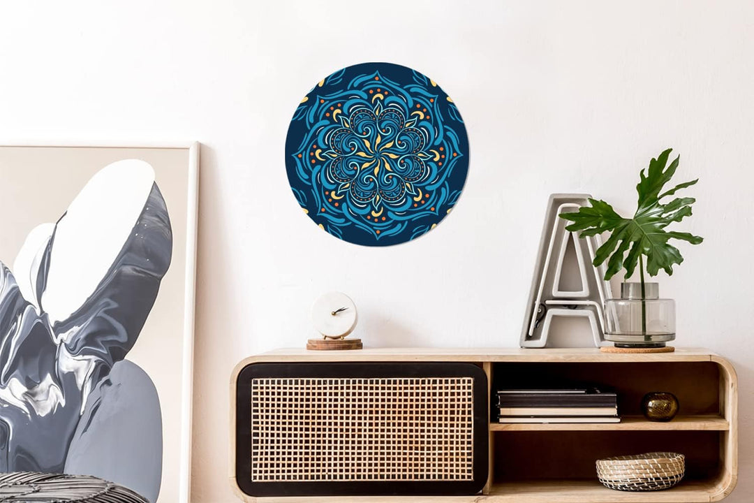 Wandbild Rund Wanddeko Deko Wohnzimmer Bilder 30x30 cm Mandala - Blau - Gelb - Muster, 30x30 cm