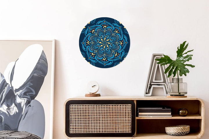 Wandbild Rund Wanddeko Deko Wohnzimmer Bilder 30x30 cm Mandala - Blau - Gelb - Muster, 30x30 cm