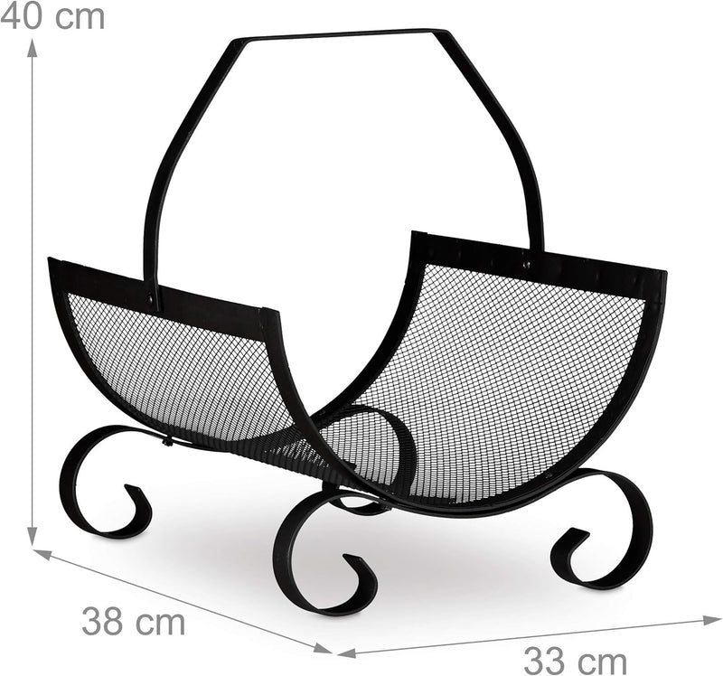 Relaxdays Kaminholzkorb schwarz, Brennholzkorb gross, Holzwiege Kamin, Feuerholzkorb Metall, HxBxT 4