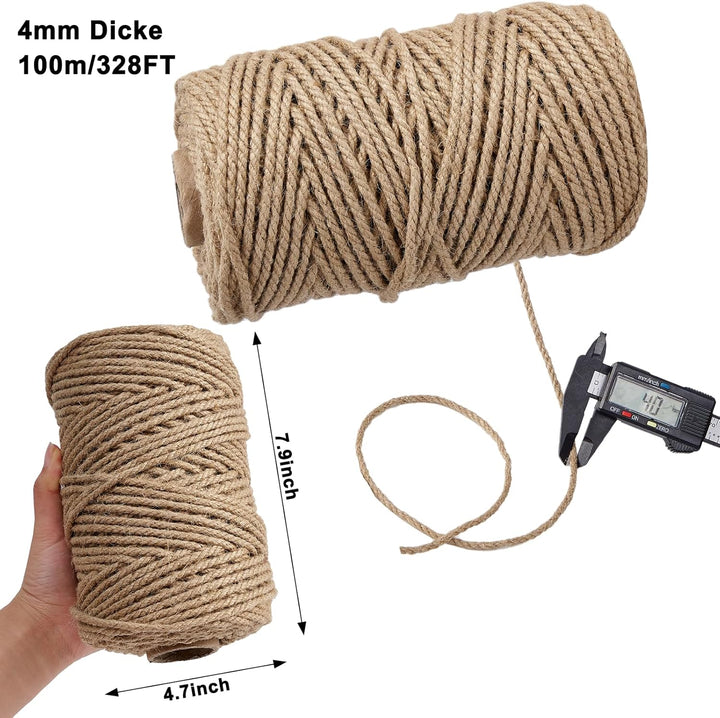 Natürliche Jute-Schnur, 4mm 100m Juteschnur für Geschenkverpackungen Handwerk Pflanze Garten Weihnac