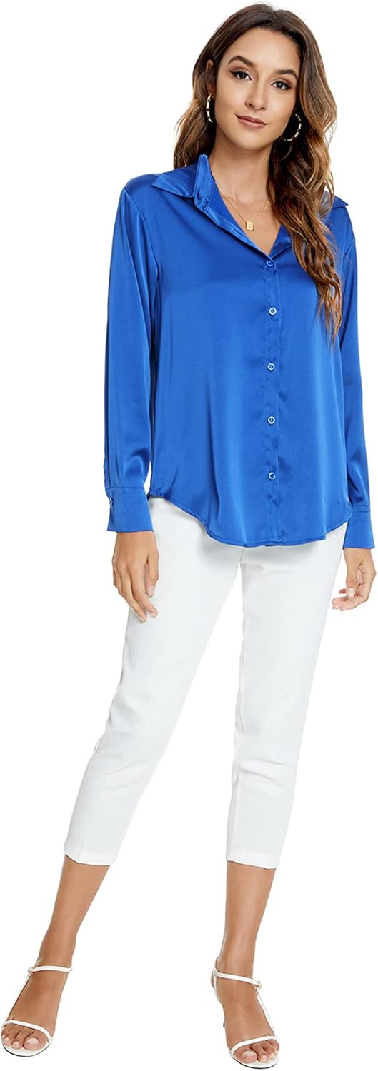 Atnlewhi Damen Bluse Langarm Knöpfen Satin Seide Hemden Basic Kent Kragen Arbeit Büro Formelle Casua