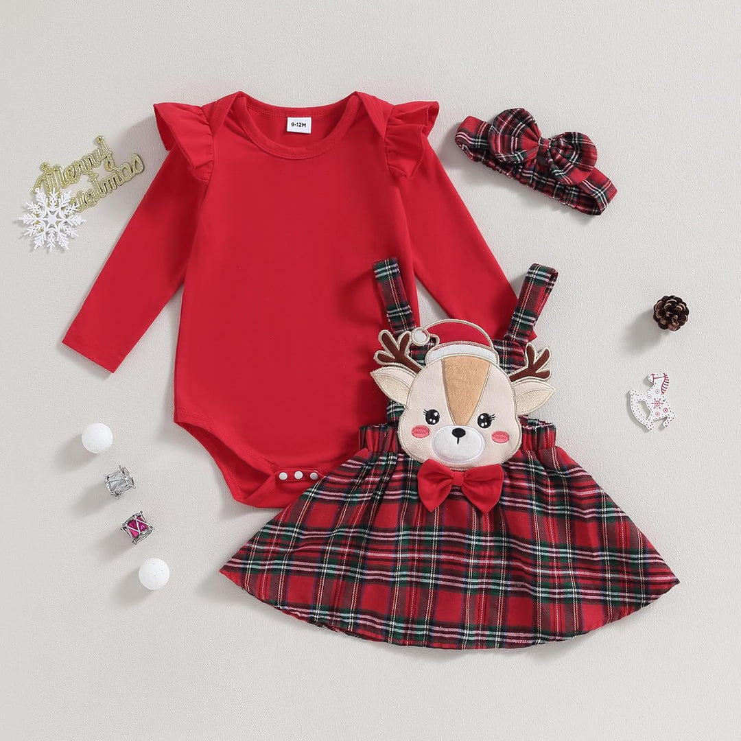 Himllauen Baby Mädchen Weihnachtsoutfit Langarm Body + Karo Straps Rock + Haarband 3tlg Set Kleinkin