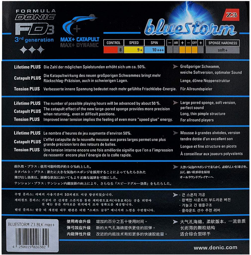 DONIC Bluestorm Z3 Tischtennisgummi Schwarz Max+, Schwarz Max+