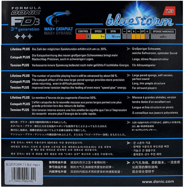 DONIC Bluestorm Z3 Tischtennisgummi Schwarz Max+, Schwarz Max+
