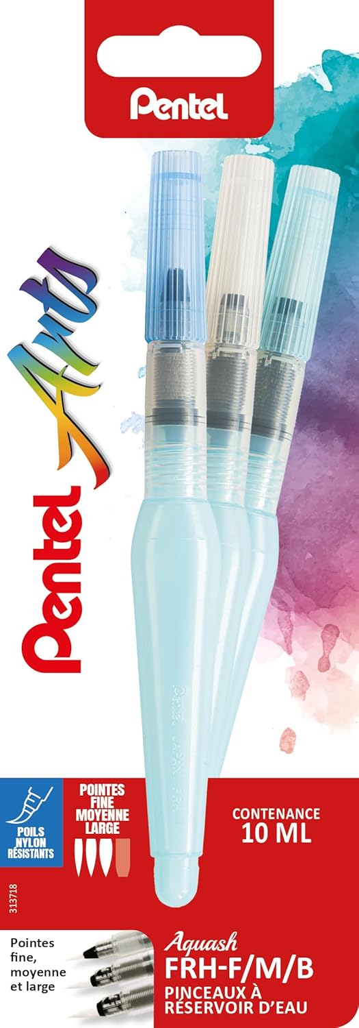Pentel Aquash Brush FRH, Set mit 3 Pinseln für Wasserbehälter mit feinen, mittelgrossen und grossen
