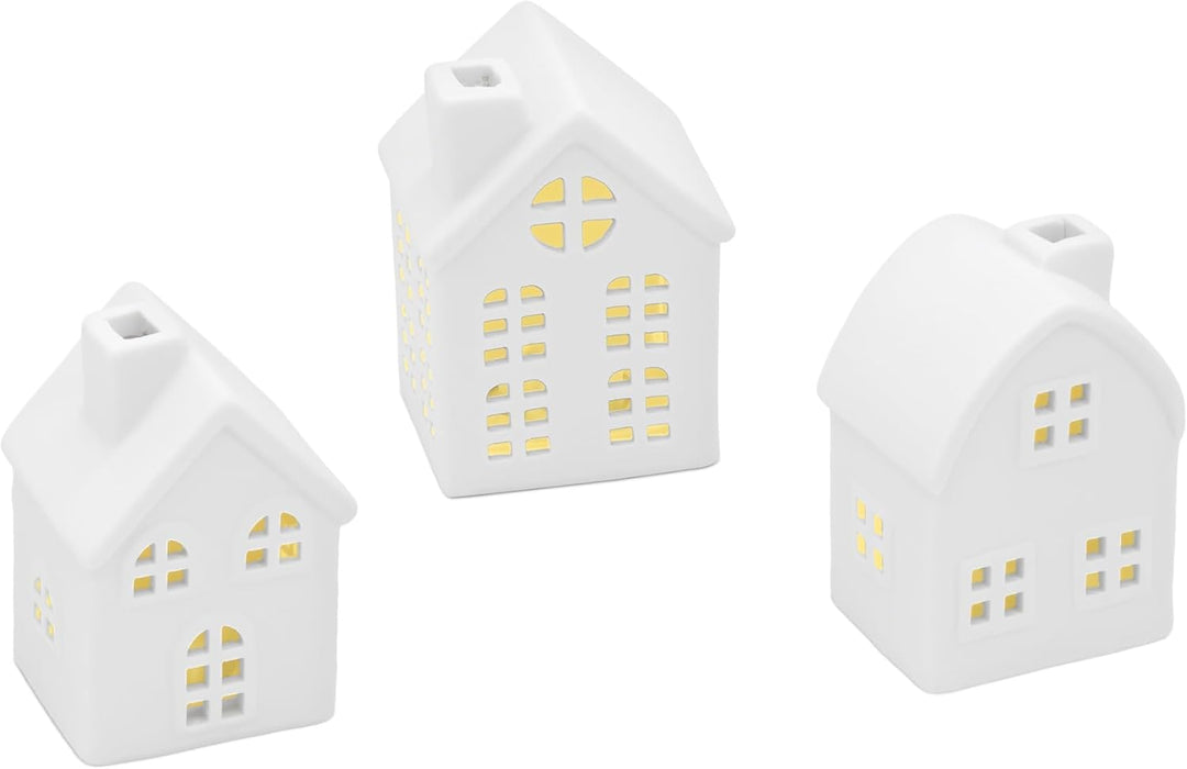 LED Keramik Haus weiss 9 cm - 3er Set - Deko Weihnachtsdorf mit Beleuchtung in warm weiss - Weihnach