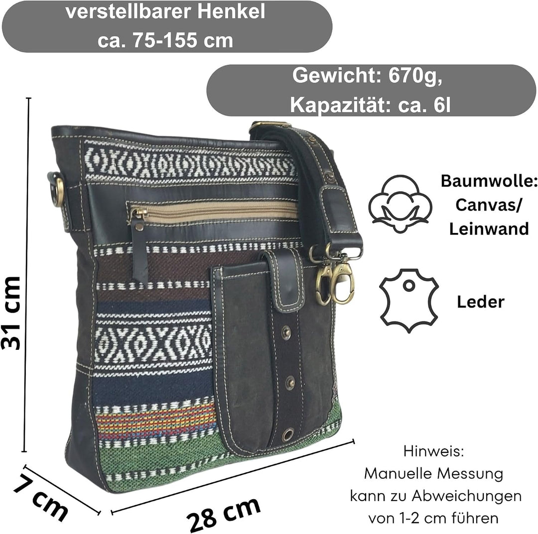 Sunsa Damen Umhängetasche. Crossbody Bag mit Streifen Design. Schultertasche aus Baumwolle &amp; Leder.