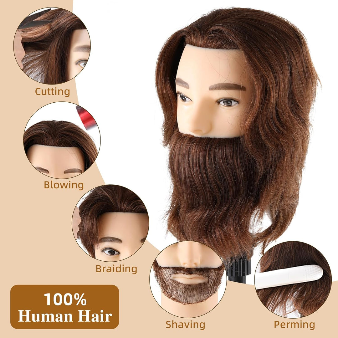 Mann Frisierkopf 100% Echthaar mit Bart Männlich Übungskopf Echthaar Friseur Kopf Puppenkopf Mannequ