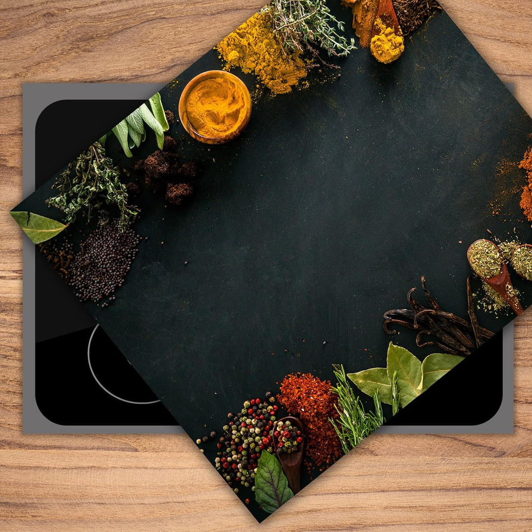 SmartDecoration Herdabdeckplatte Ceranfeldabdeckung aus Glas 60x52 cm Einteilig Motiv "Gewürze" Grau