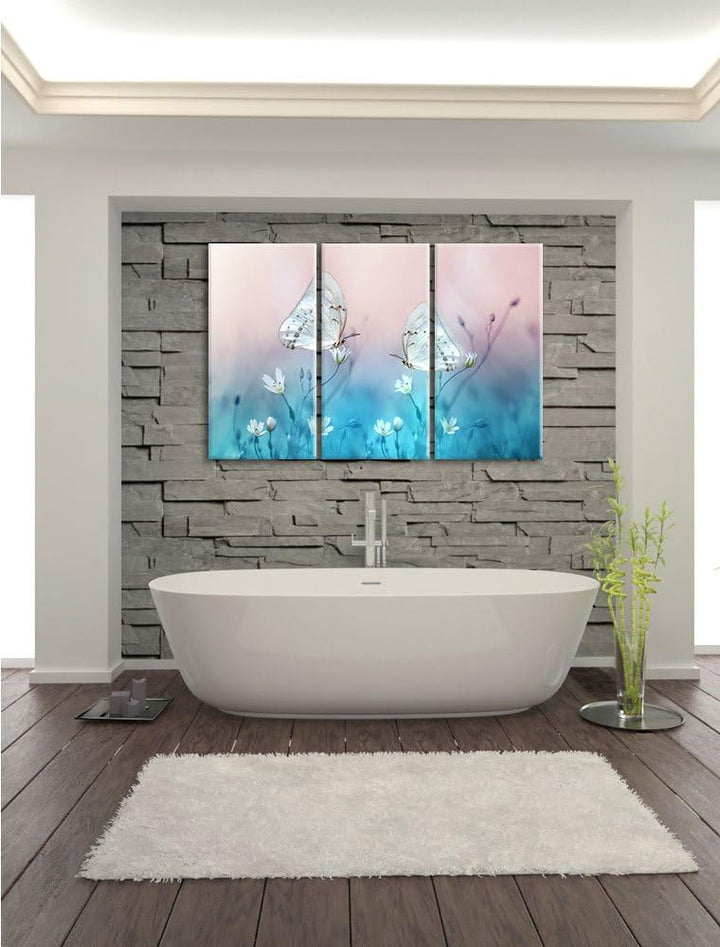 Pixxprint Schmetterling auf kleinen Blumen als Leinwandbild/Grösse: 3 Teilig (120x80) / Wandbild/Kun