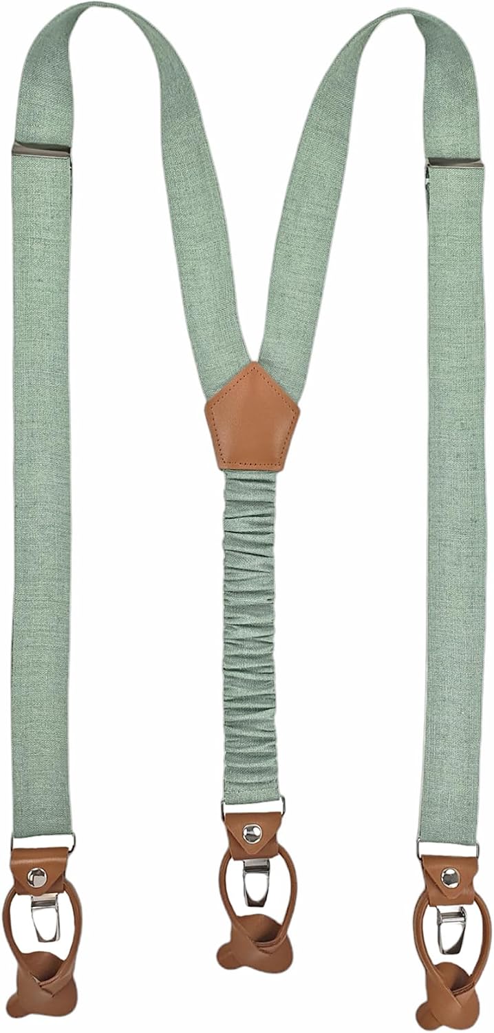 LINILI Leinen Accessoires SET: Fliege und Hosenträger für Herren- mit Leder- Fliege Bereits gebunden