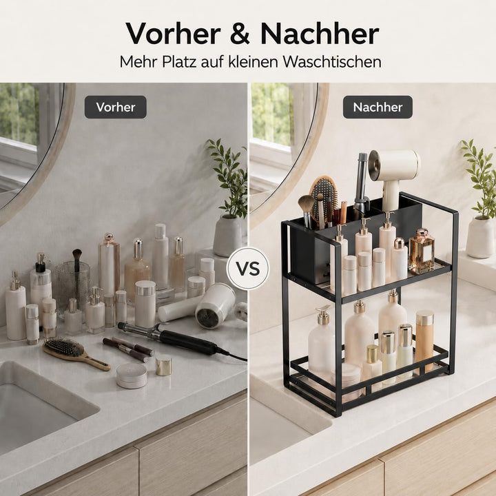 Kosmetik Organizer mit Föhnhalter, 2 Ebenen Badezimmer Organizer aus Metall, Make Up Organizer für S