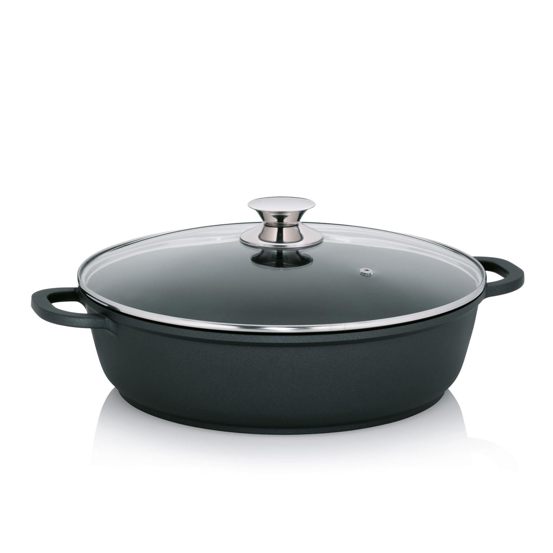 kela Aluguss Schmorpfanne 32 cm hoher Rand KERROS, Induktion Servierpfanne beschichtet mit Deckel, P