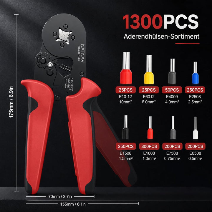 Crimpzange Aderendhülsen Set mit 1300 Stück Aderendhülsen für 0,25-10 mm², Aderendhülsenzange Crimpz