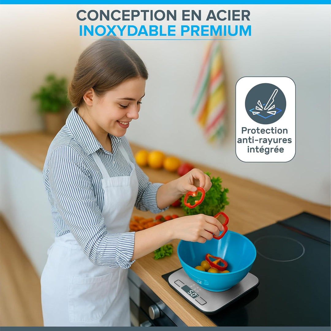 Küchenwaage mit Hülle | Präzisionselektronik 1g Edelstahl 5kg | Tara-Funktion | Hintergrundbeleuchte