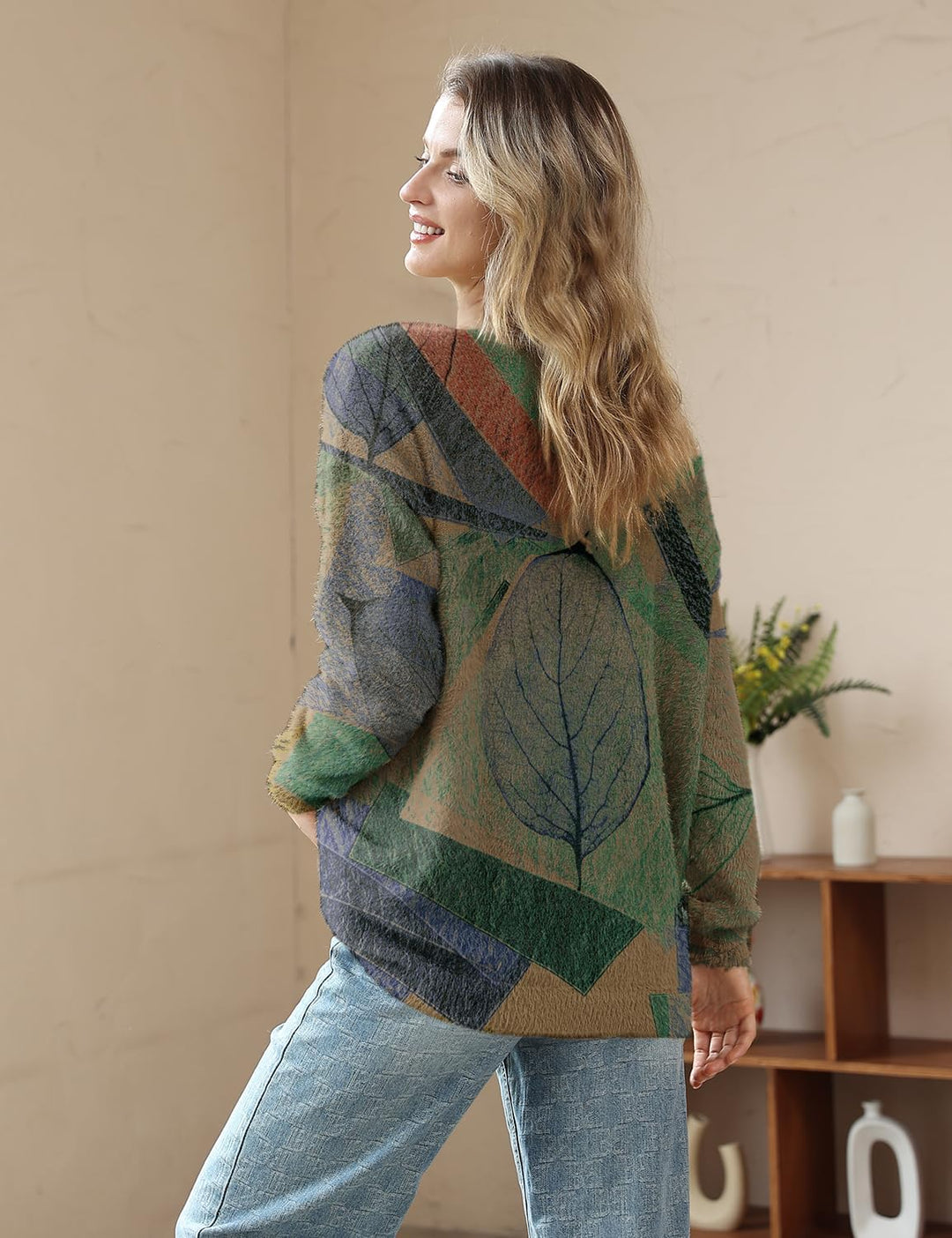 Janein Damen Pullover Oversize Lang Strickpullover Herbst Winter Rundhals Sweater mit Blumenmuster W