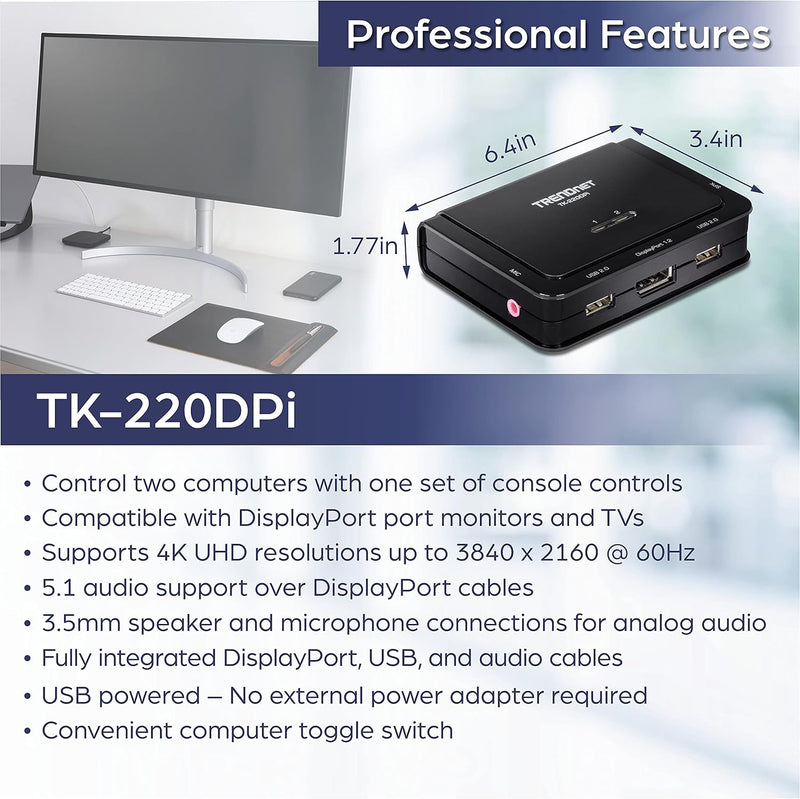 TRENDnet TK-220DPI 2-Port 4K DisplayPort 1.2 KVM-Switch mit Audio, 4K UHD (3840 x 2160@60Hz), 3,5-mm