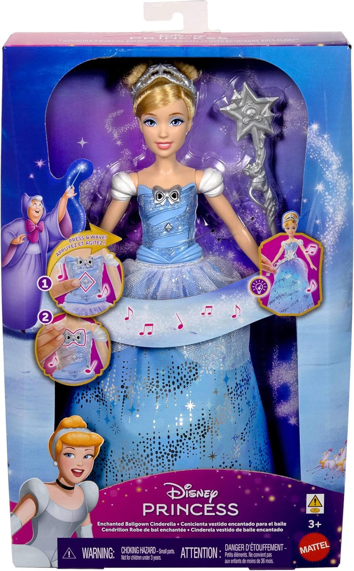 Mattel Disney Princess, Cinderella mit aufleuchtendem Kleid und Soundeffekten, aktiviert durch Zaube
