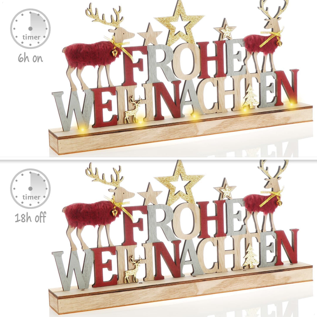com-four® LED Deko Aufsteller aus Holz - beleuchteter Schriftzug auf Holzsockel - Deko-Schriftzug zu