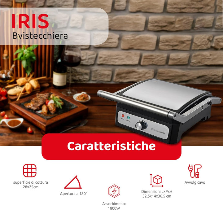 Melchioni Family Elektrische Grillpfanne mit abnehmbaren Keramikplatten, IRIS, Öffnung um 180 °, Pla