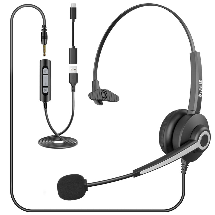 Voistek USB-C & 3,5mm Kopfhörer mit Mikrofon | Verstellbarer Rauschunterdrückung-Headset für Busines