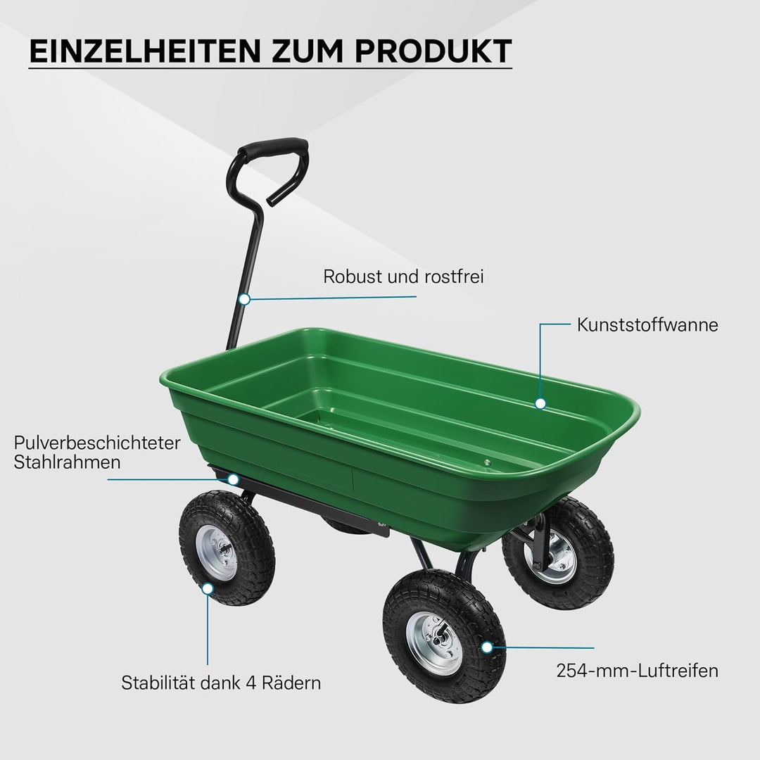 Wiltec Gartenwagen mit Kippfunktion bis 240 kg, Handwagen mit 75 l Volumen, Bollerwagen für Gartenar